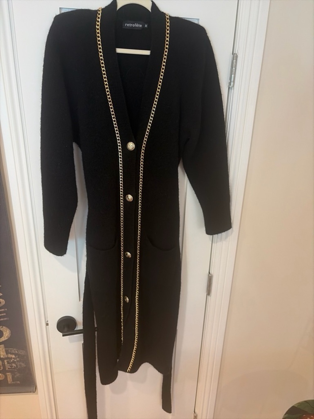 Retrofete Black Maxi Knit Cardigan with Gold Chain Trim and Self-Tie Belt